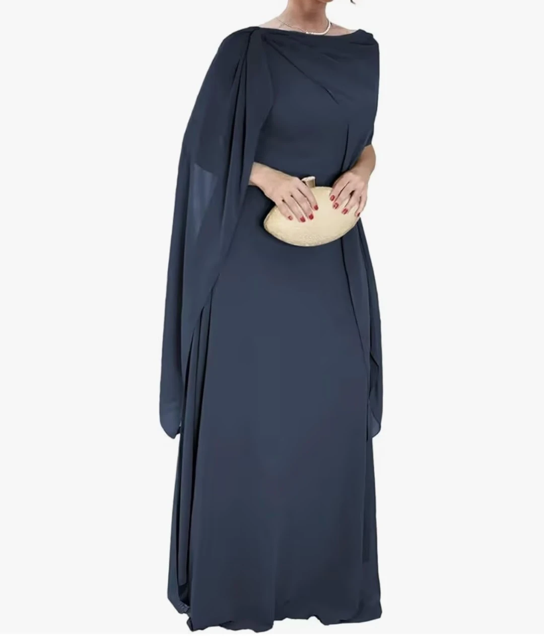 Navy Blue Chiffon Evening Gown with Cape - photo 2