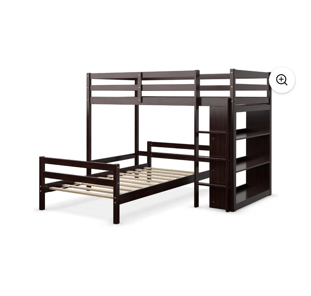 Dark Brown Wooden Bunk Bed with Built-in Bookshelves