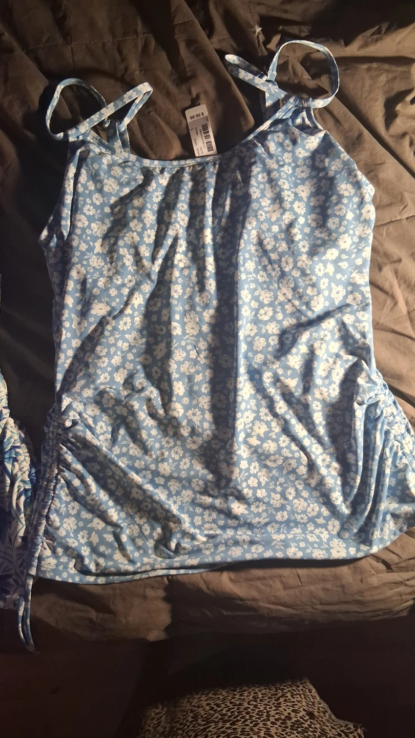 Turquoise & Co. Blue Floral Ruched Tankini Top Size L
