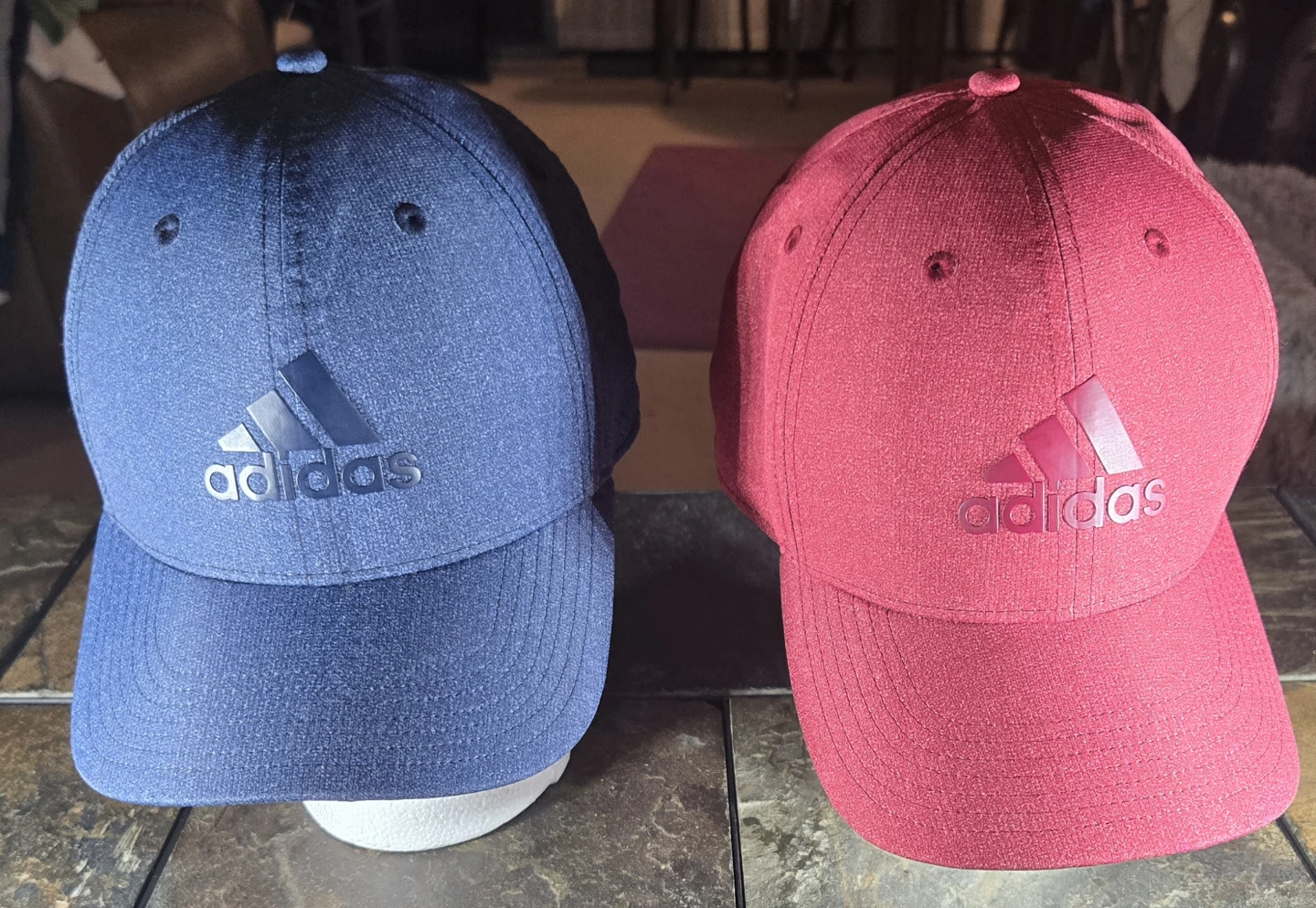 2 Adidas ball caps, hats. Snapbacks.  Red and Blue.  EUC.