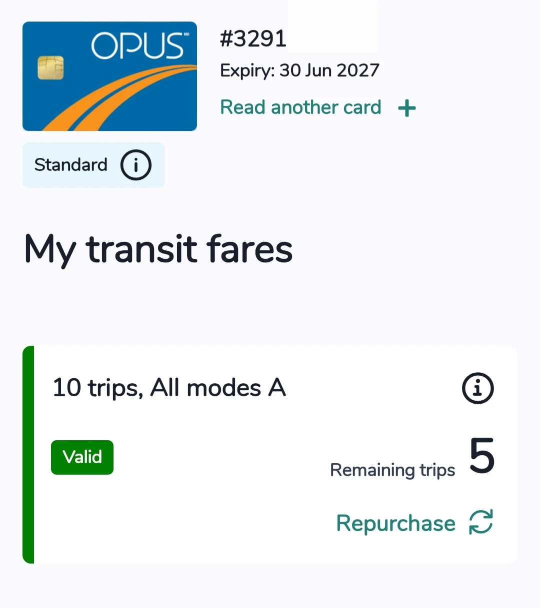Carte OPUS Card with 5 "All Modes A" trips + 1 EXTRA empty card - photo 2