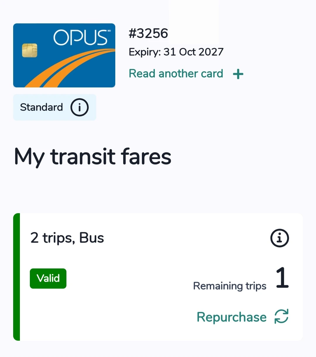 Carte OPUS Card with 5 "All Modes A" trips + 1 EXTRA empty card - photo 3