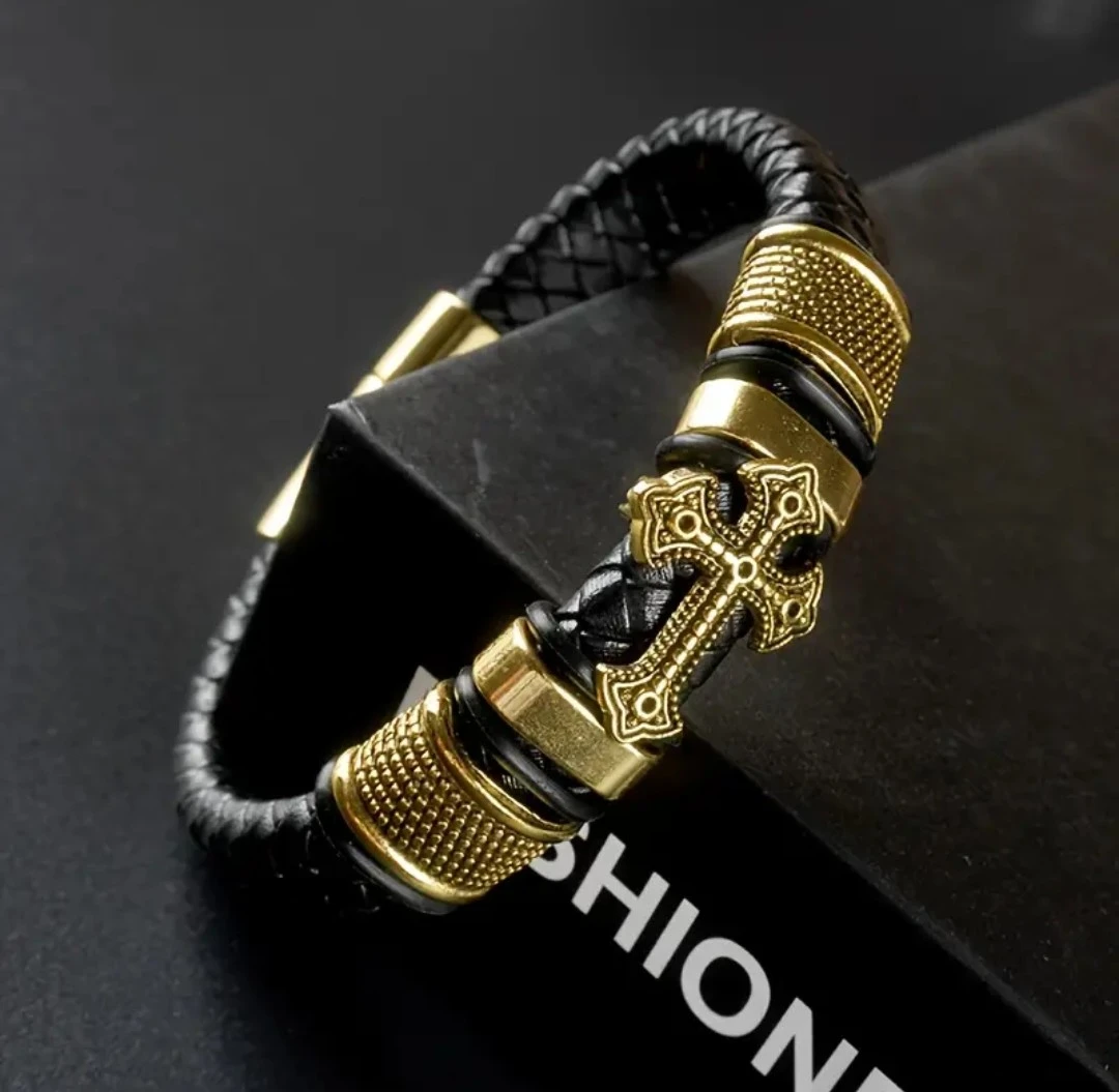 Men's Leather Bracelet with Cross Charm - photo 2