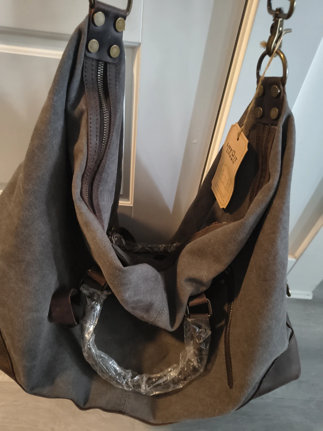 Lifewit Grey Canvas and Leather Shoulder Bag