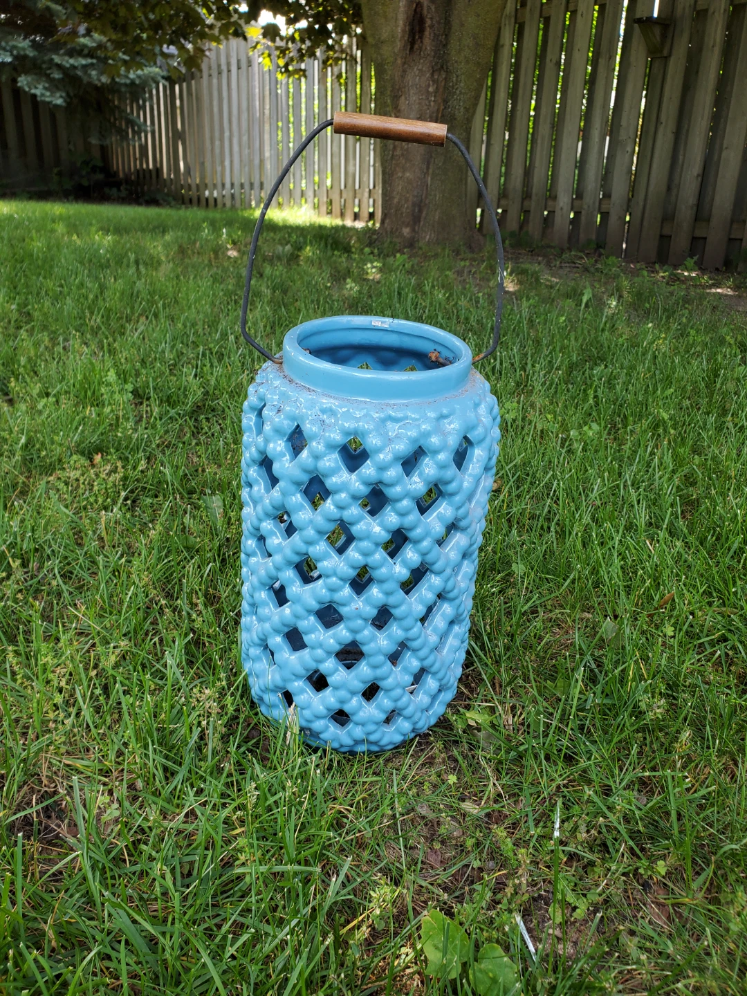Blue Ceramic Lantern with Wooden Handle