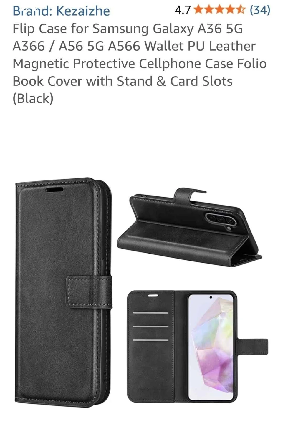 Black Flip Case for Samsung Galaxy A36 5G/A366/A56 5G/A566