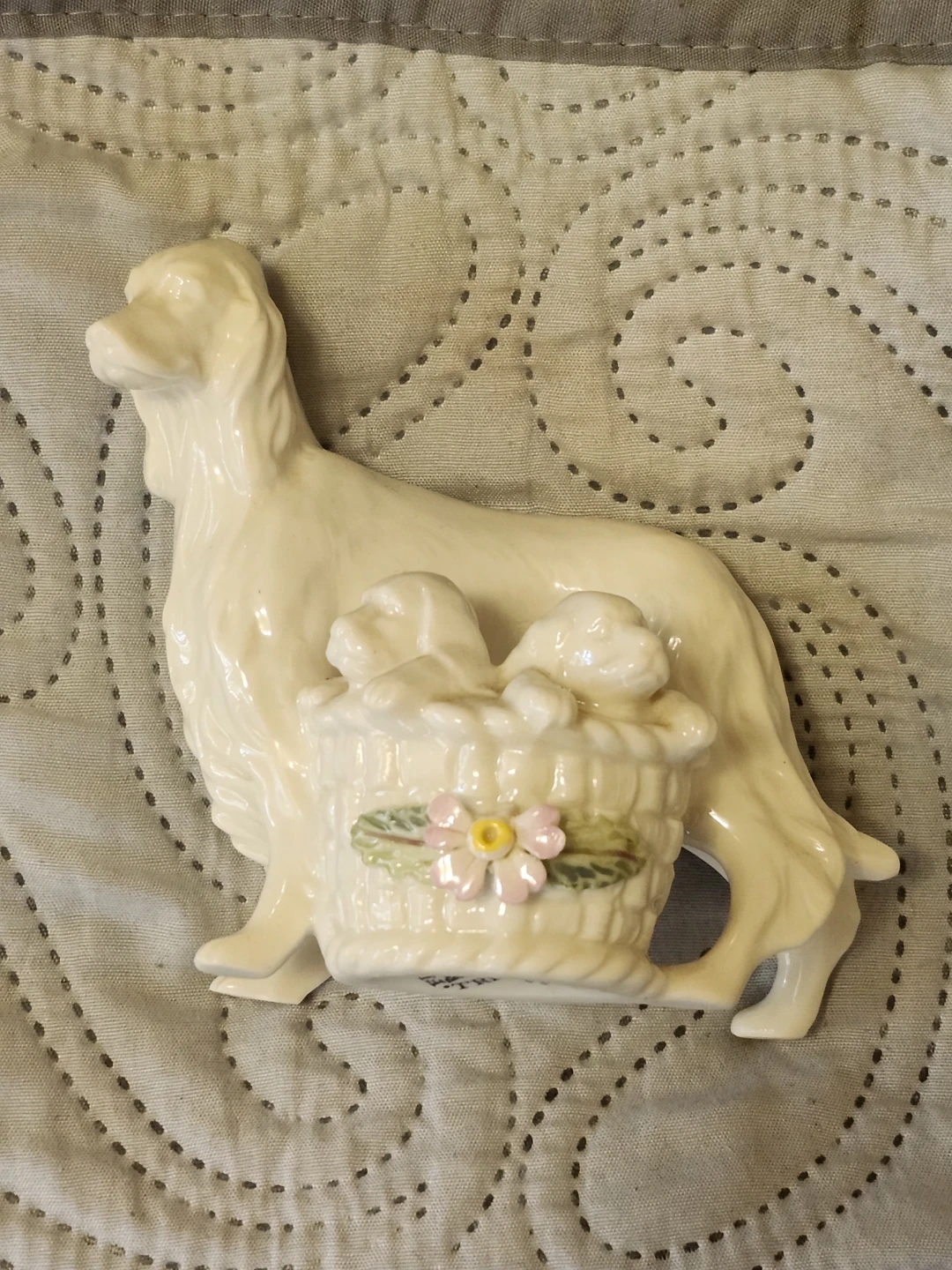 Cream Porcelain Dog with Basket Figurine