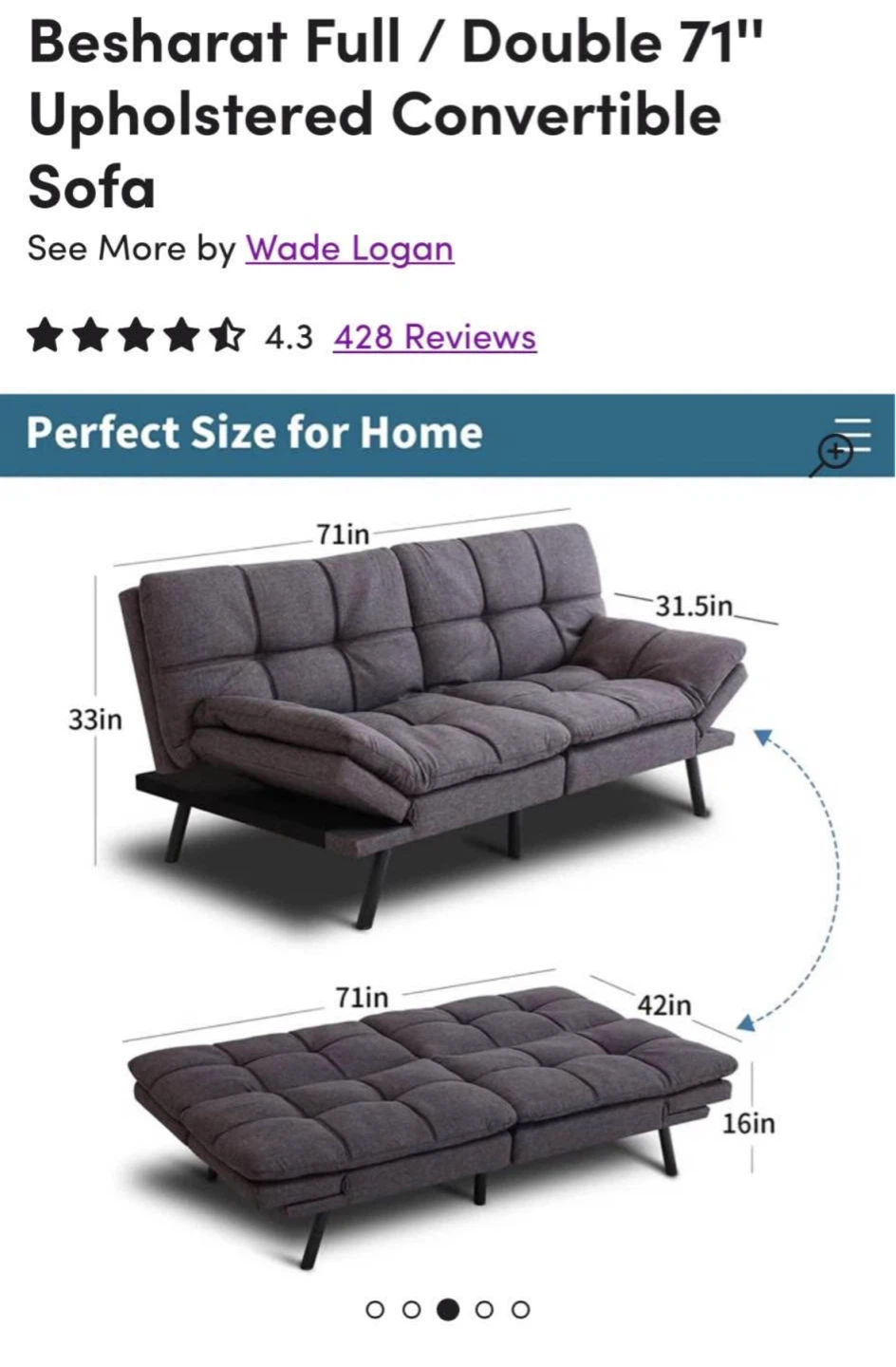 Besharat Full / Double 71" Upholstered Convertible Sofa - photo 5