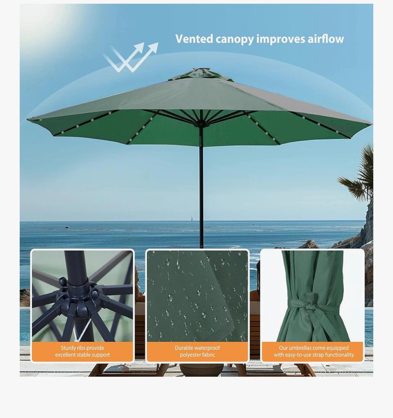 Green Outdoor Patio Umbrella with LED Lights - 8.7ft - photo 4