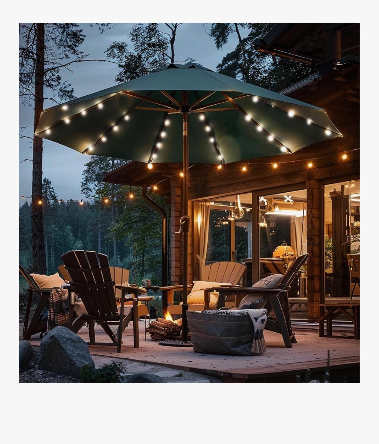 Green Outdoor Patio Umbrella with LED Lights - 8.7ft