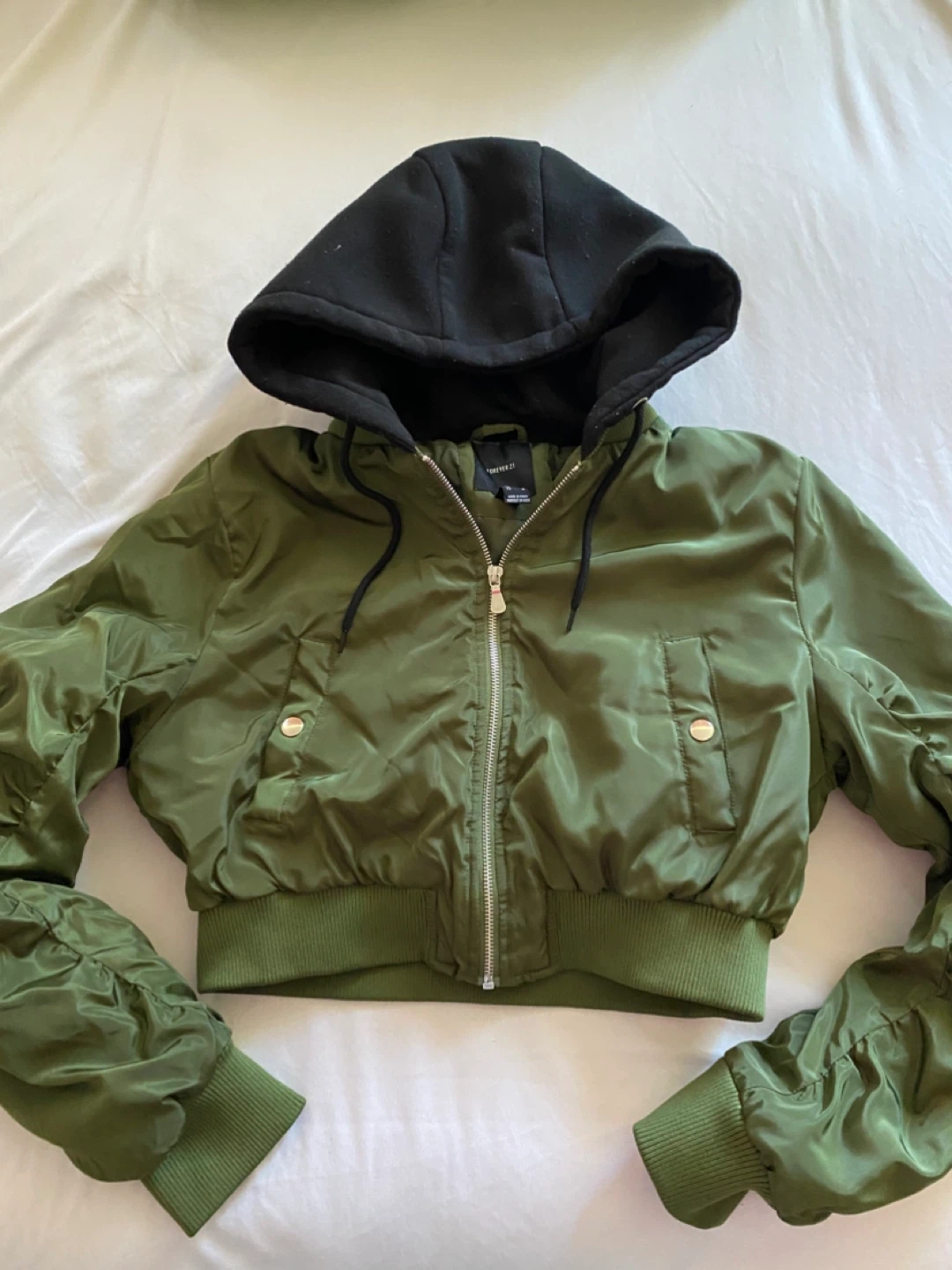 Forever 21 Bomber Jacket with Hood - Green - Size M
