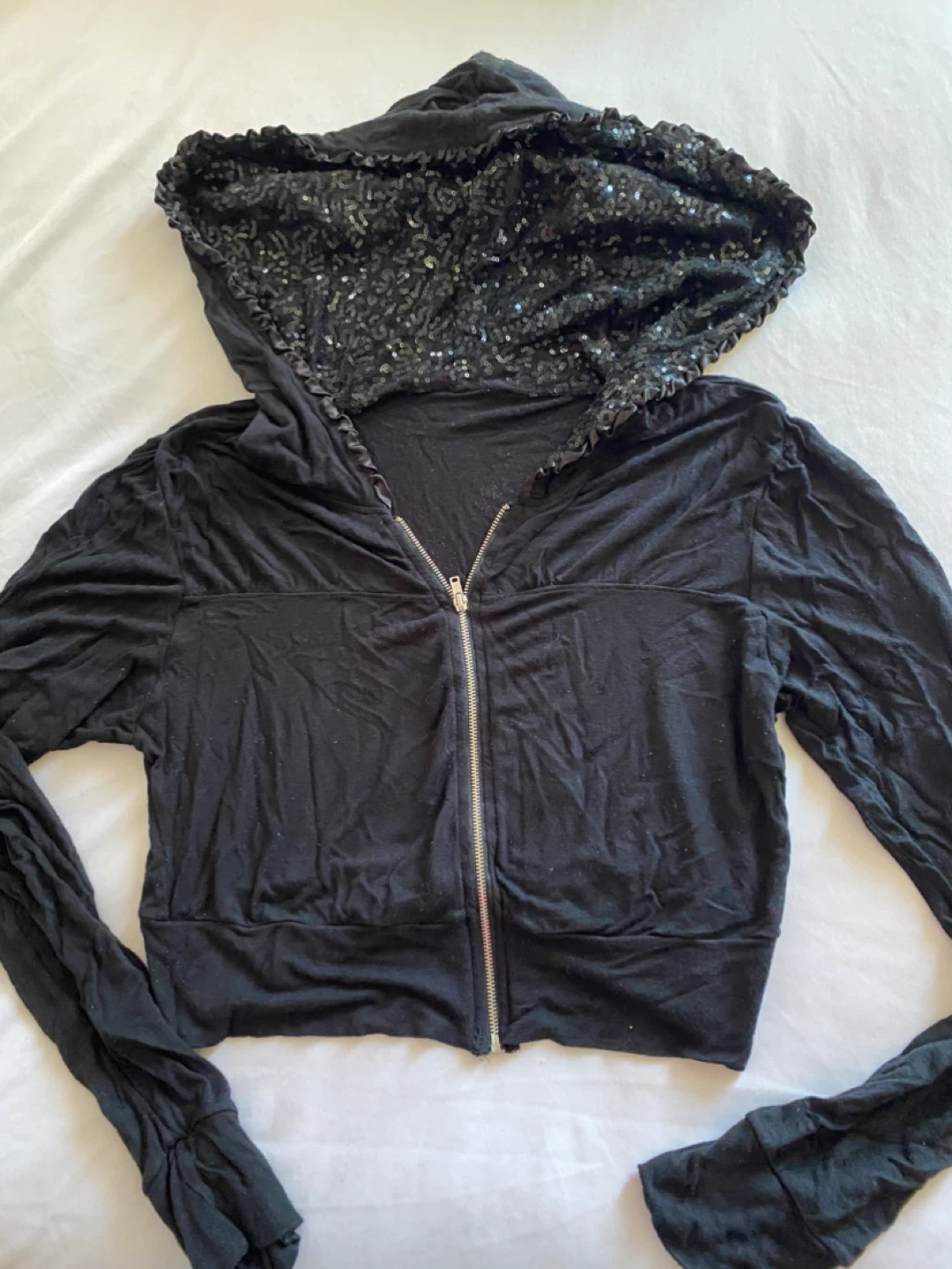 Black Zip-Up Hoodie with Sequin Hood Lining