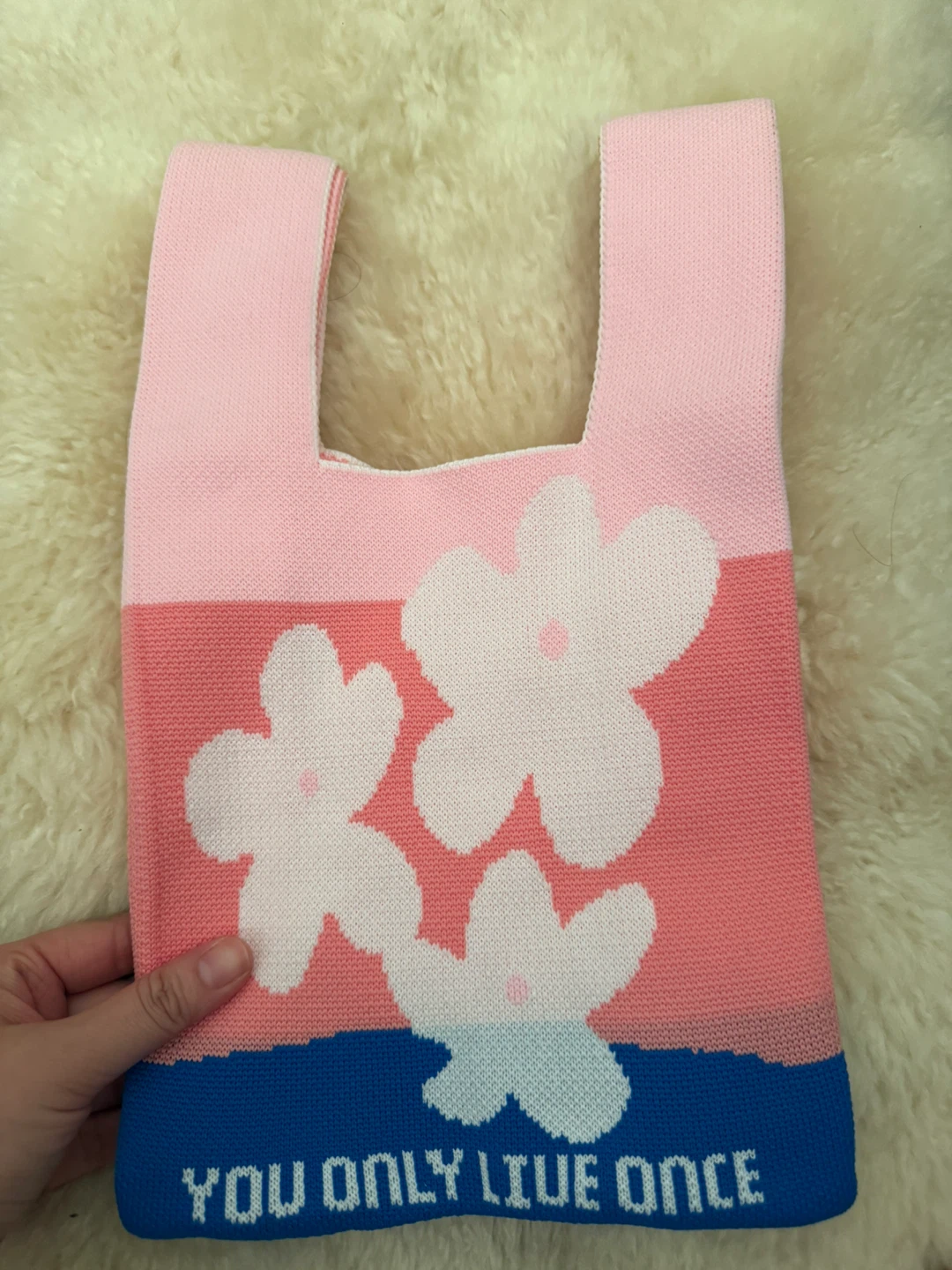Knit Tote Bag - Pink Floral "YOU ONLY LIVE ONCE" - photo 2