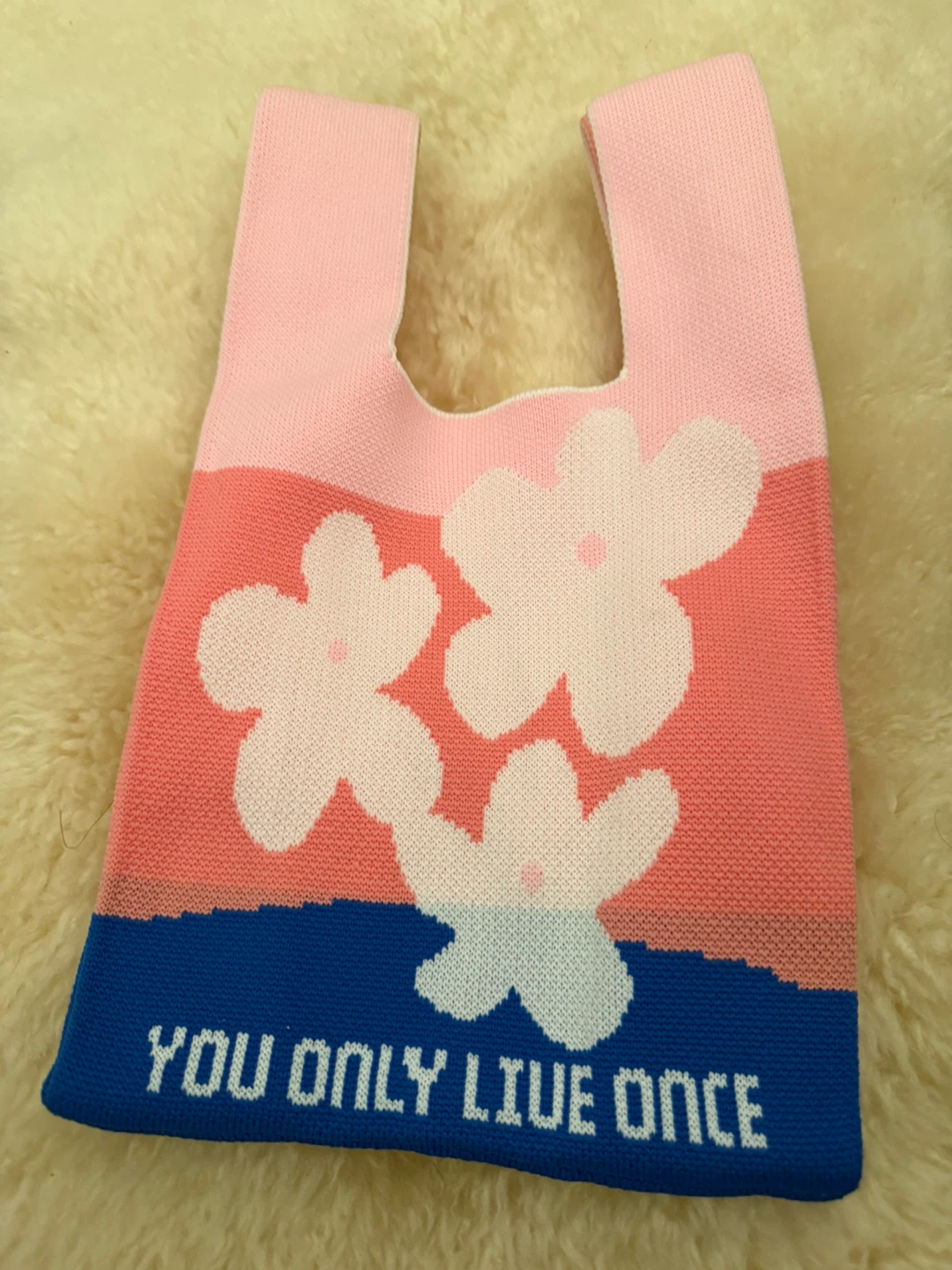 Knit Tote Bag - Pink Floral "YOU ONLY LIVE ONCE"