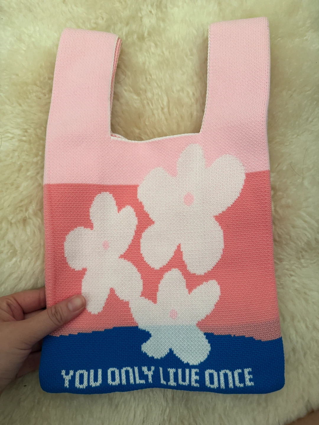 Knit Tote Bag - Pink Floral "YOU ONLY LIVE ONCE" - photo 3