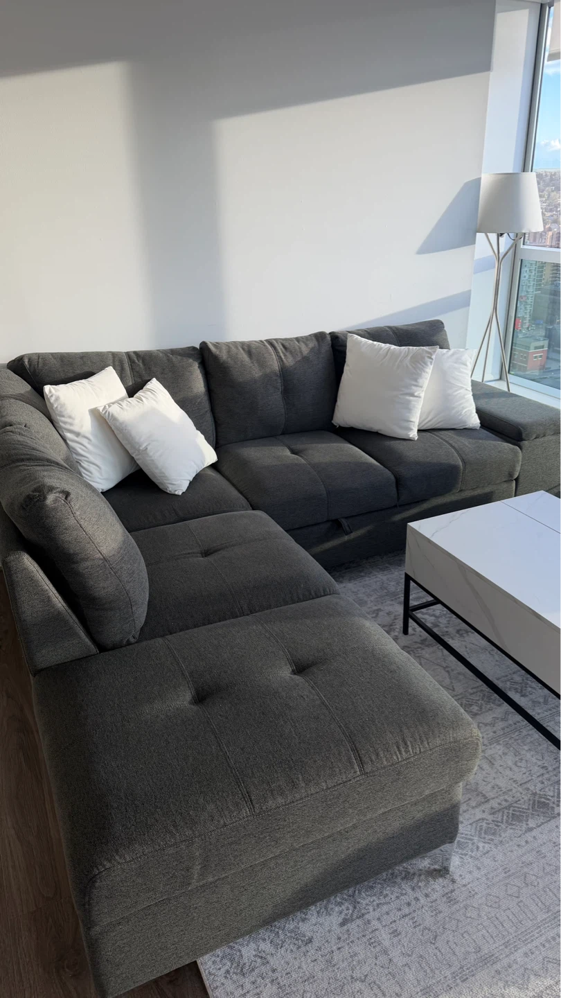 Dark Grey Sectional Sofa with pull out bed and Storage Ottoman