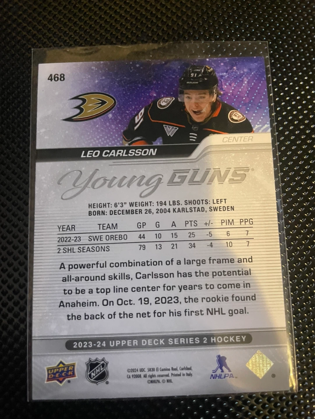 Upper Deck Leo Carlsson Young Guns Hockey Card - photo 3