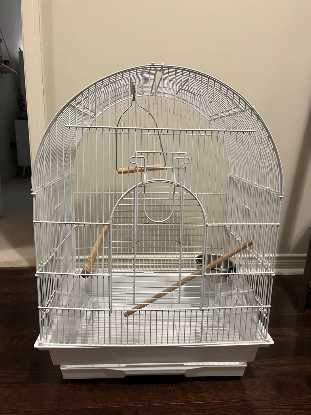 White Bird Cage with Perches and Bowls