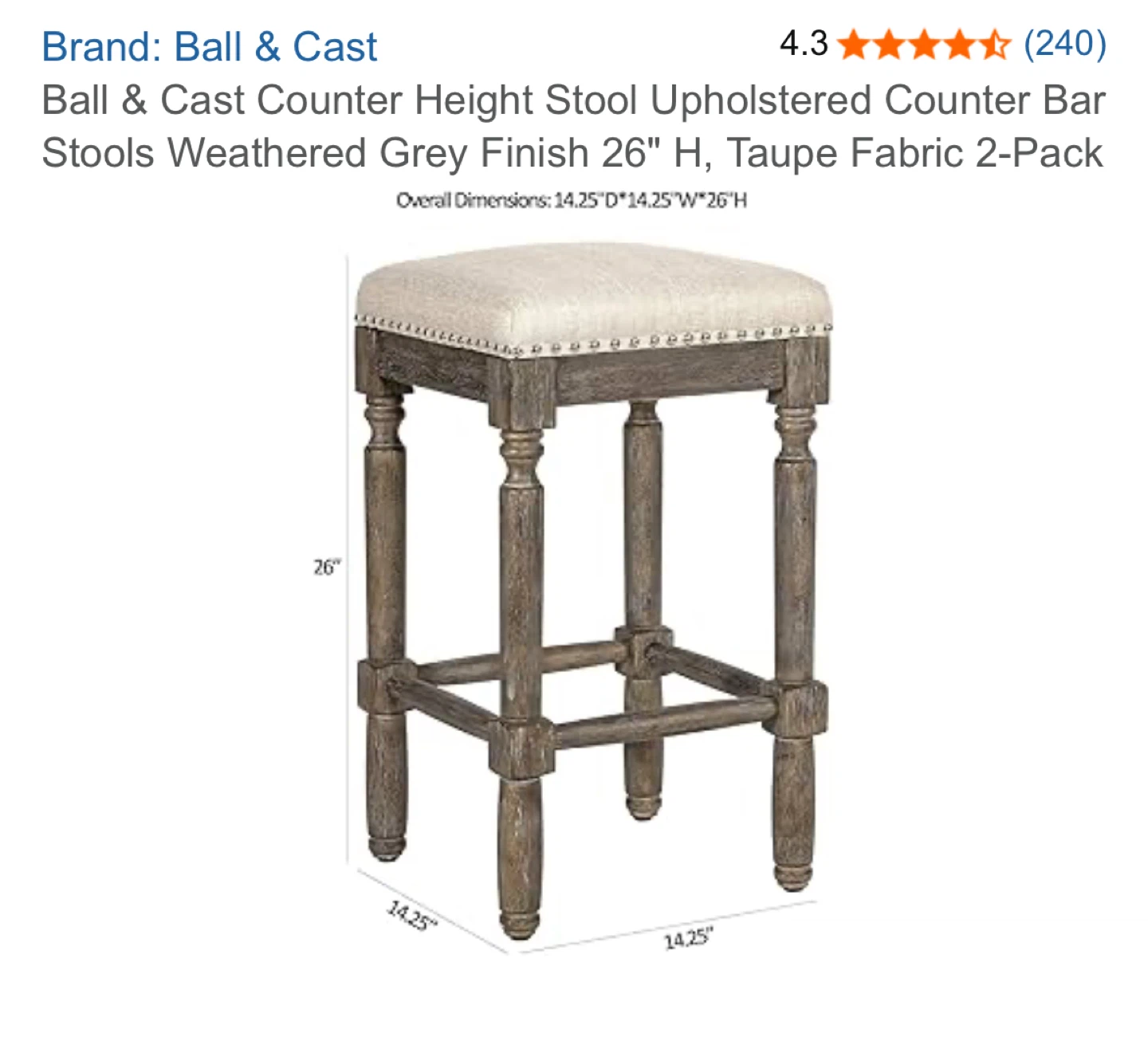 Ball & Cast Counter Height Stools - Taupe Fabric (2-Pack) - photo 3