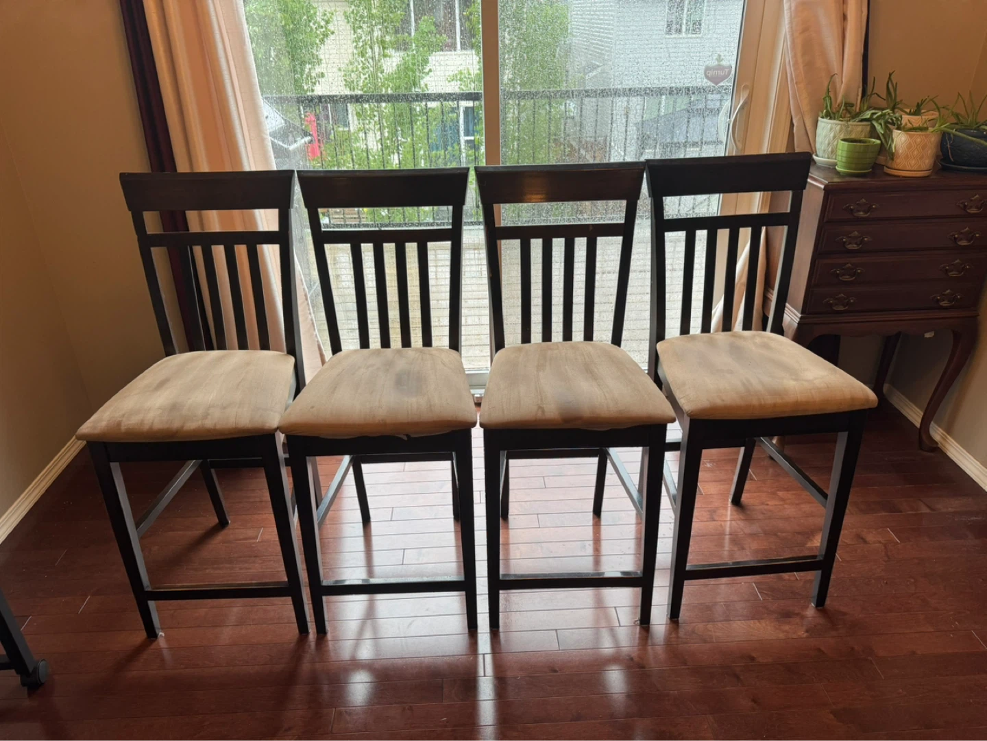Dark Brown Bar Stools with Tan Fabric Seats
