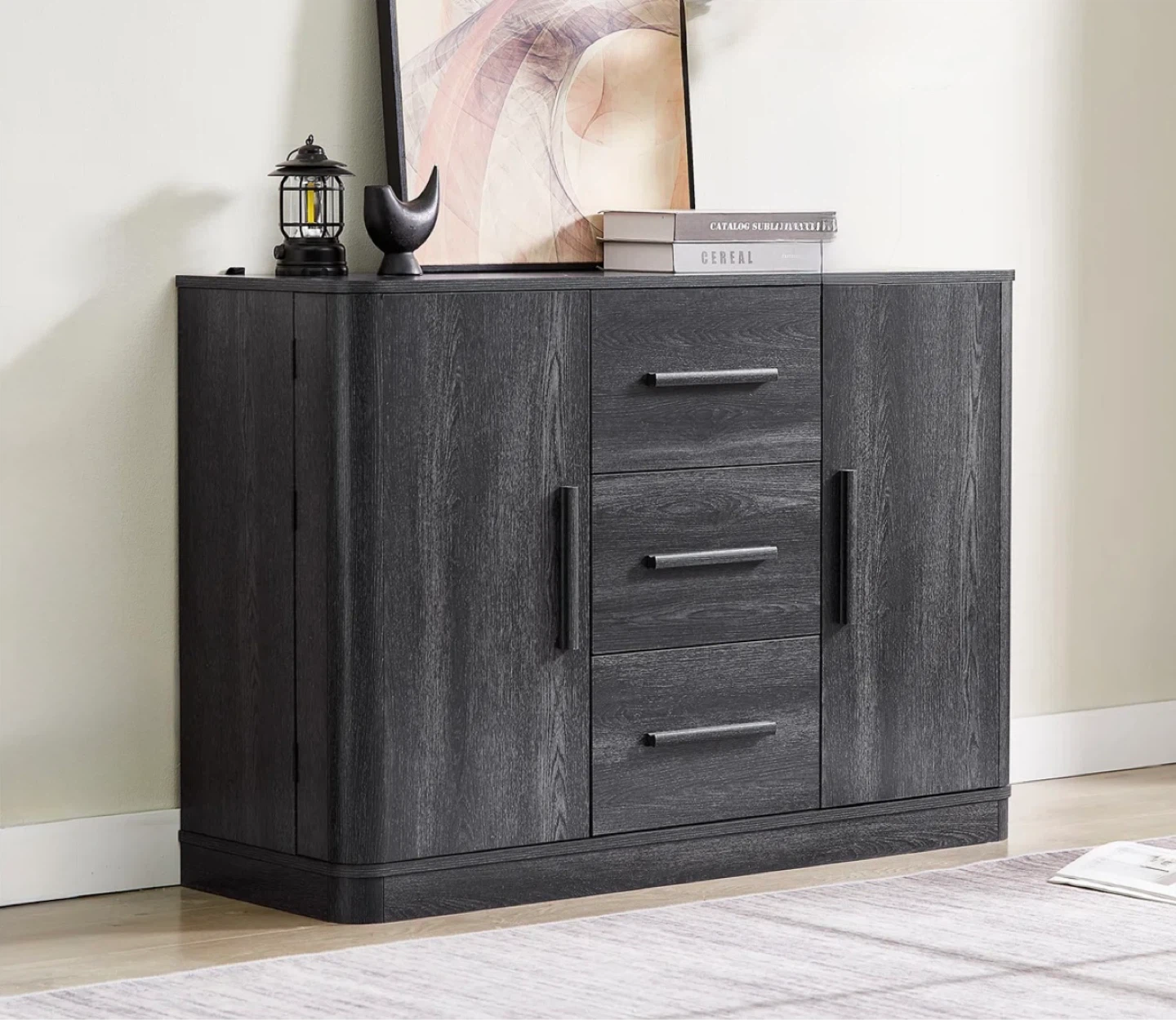 Gray Wood Buffet Cabinet with 3 Drawers and 2 Doors