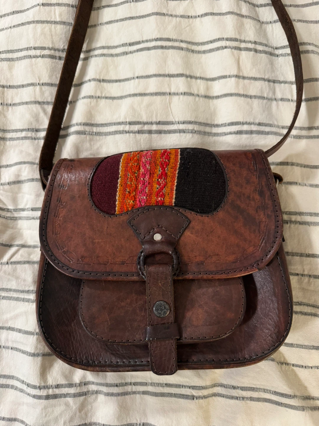 Brown Leather Crossbody Bag with Woven Detail