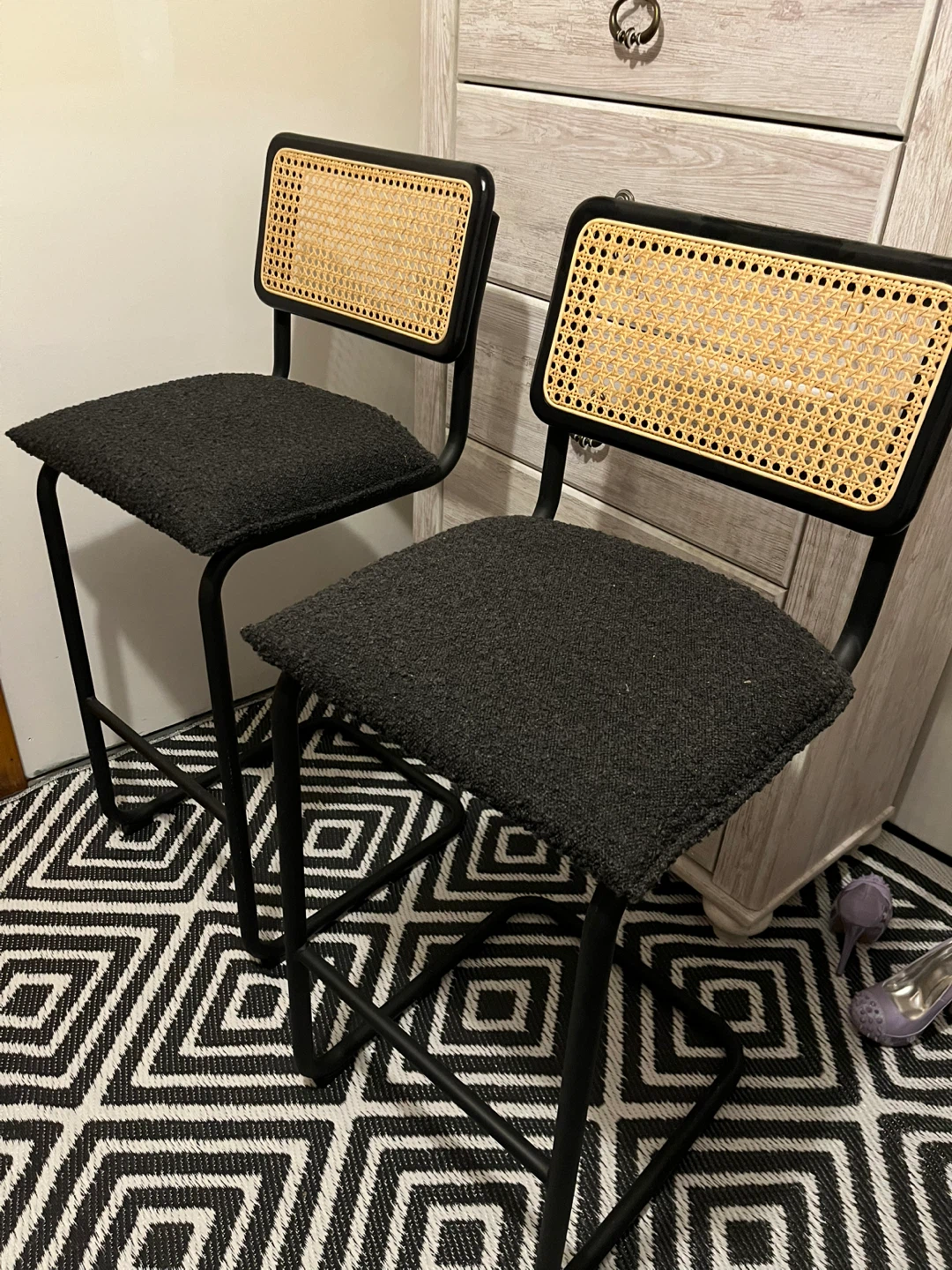 Set of 2 Black Cane Back Bar Stools