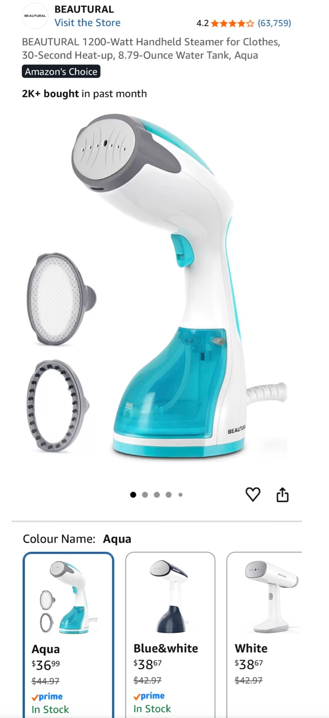 BEAUTURAL 1200-Watt Handheld Clothes Steamer - Aqua - photo 2