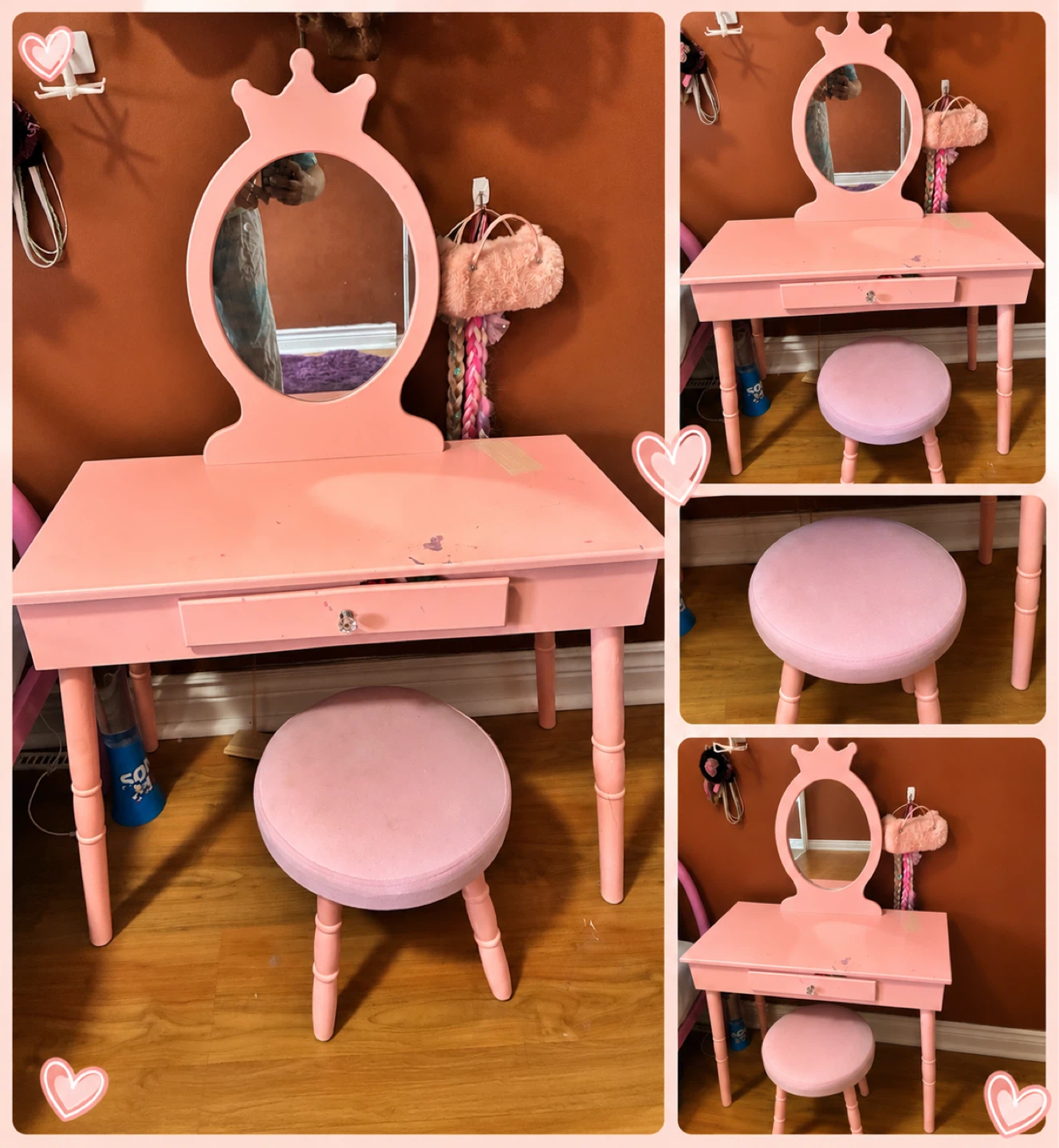 Pink Vanity Desk with Stool and Crown Mirror