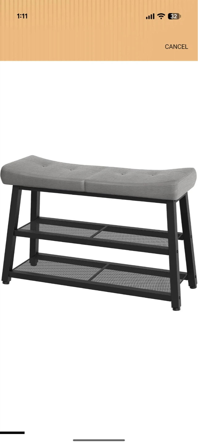 Grey Upholstered Entryway Bench with 2 Shelves
