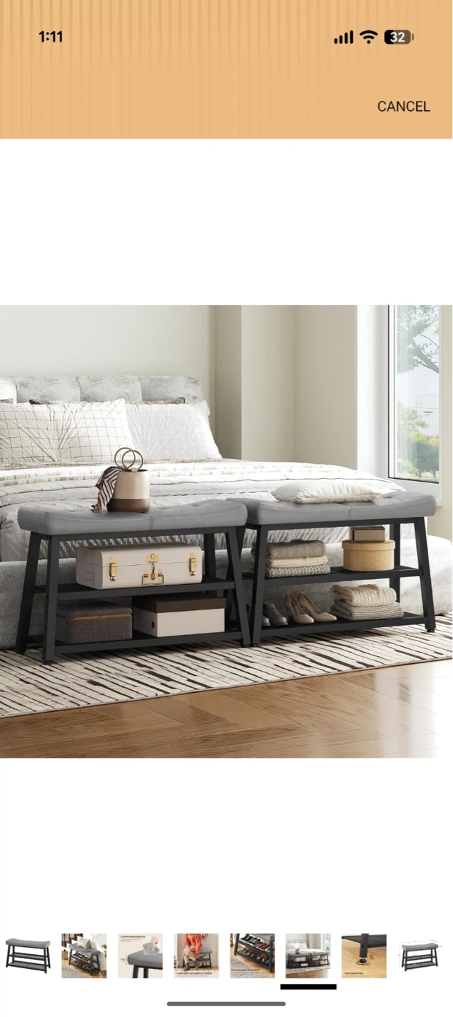 Grey Upholstered Entryway Bench with 2 Shelves - photo 4