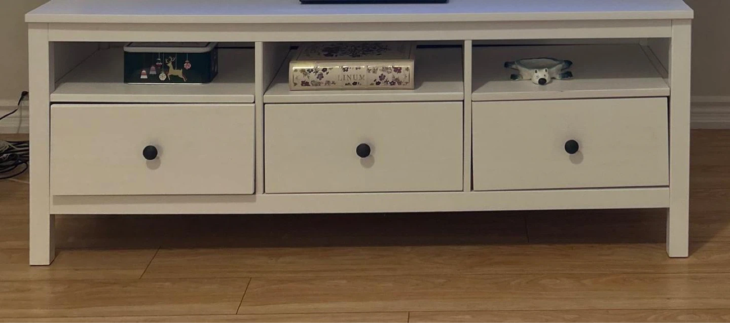 White TV Stand with 3 Drawers and Shelves