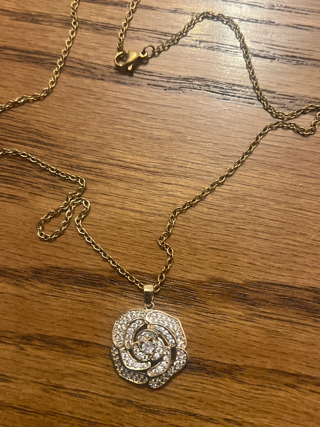 Gold Rose Pendant Necklace with Faux Rhinestones