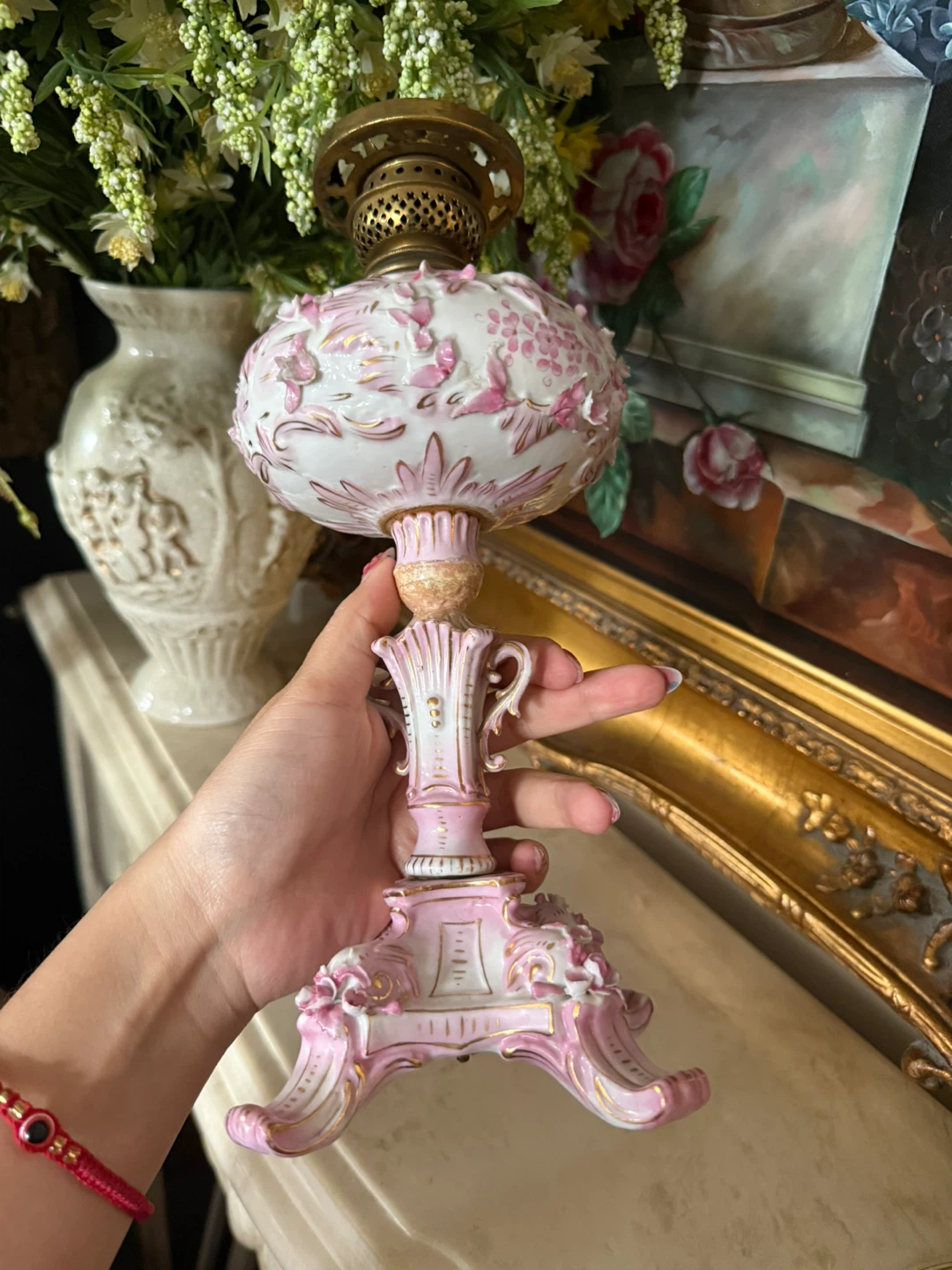 Antique Pink Floral Oil Lamp - photo 3