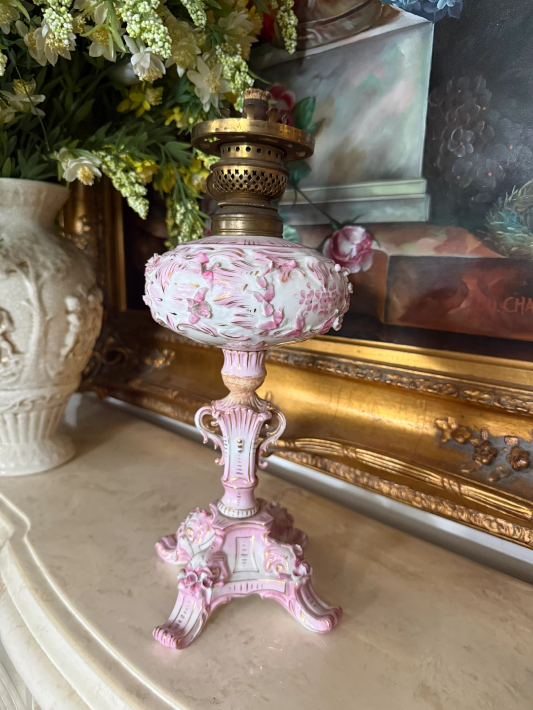 Antique Pink Floral Oil Lamp