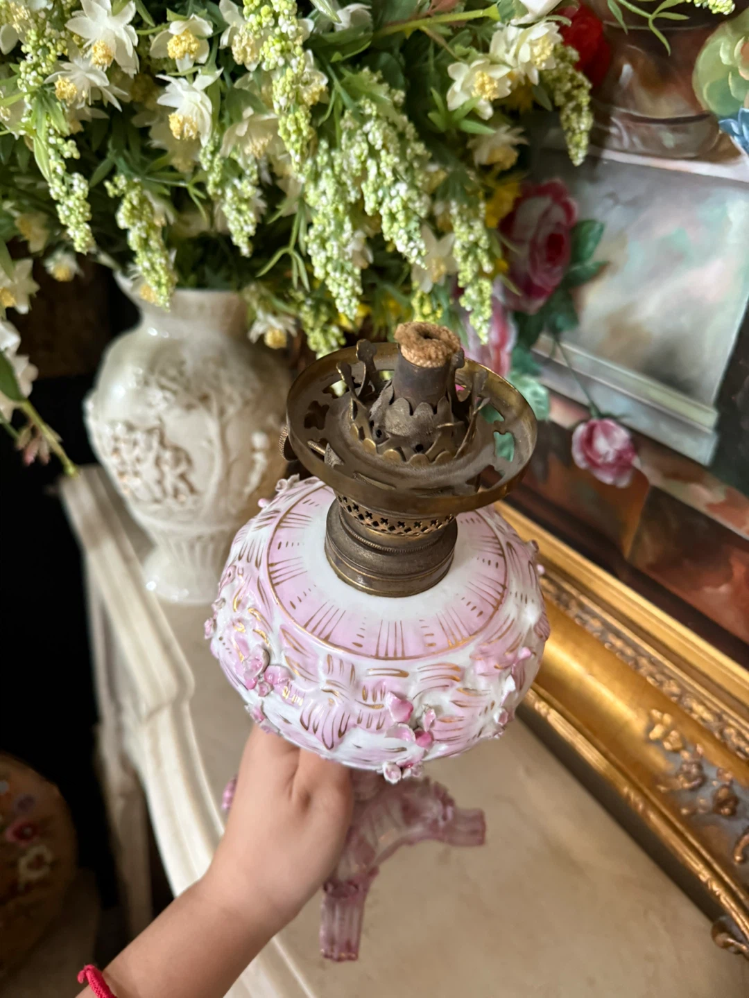 Antique Pink Floral Oil Lamp - photo 5