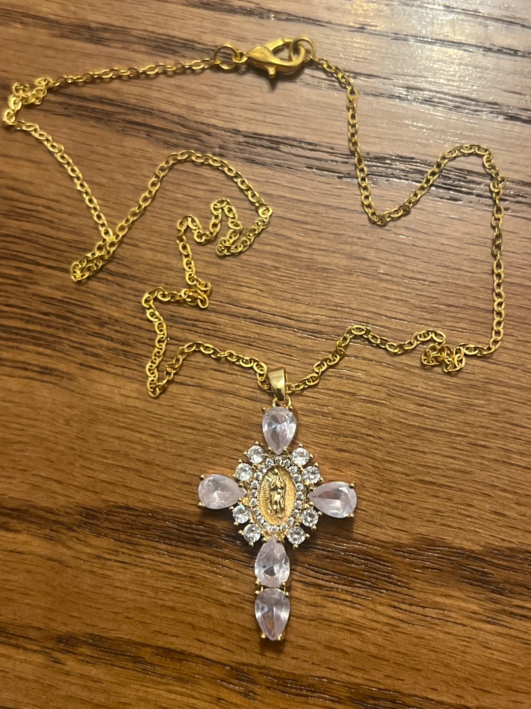 Gold-tone Cross Necklace with Clear and Pink Faux Gems