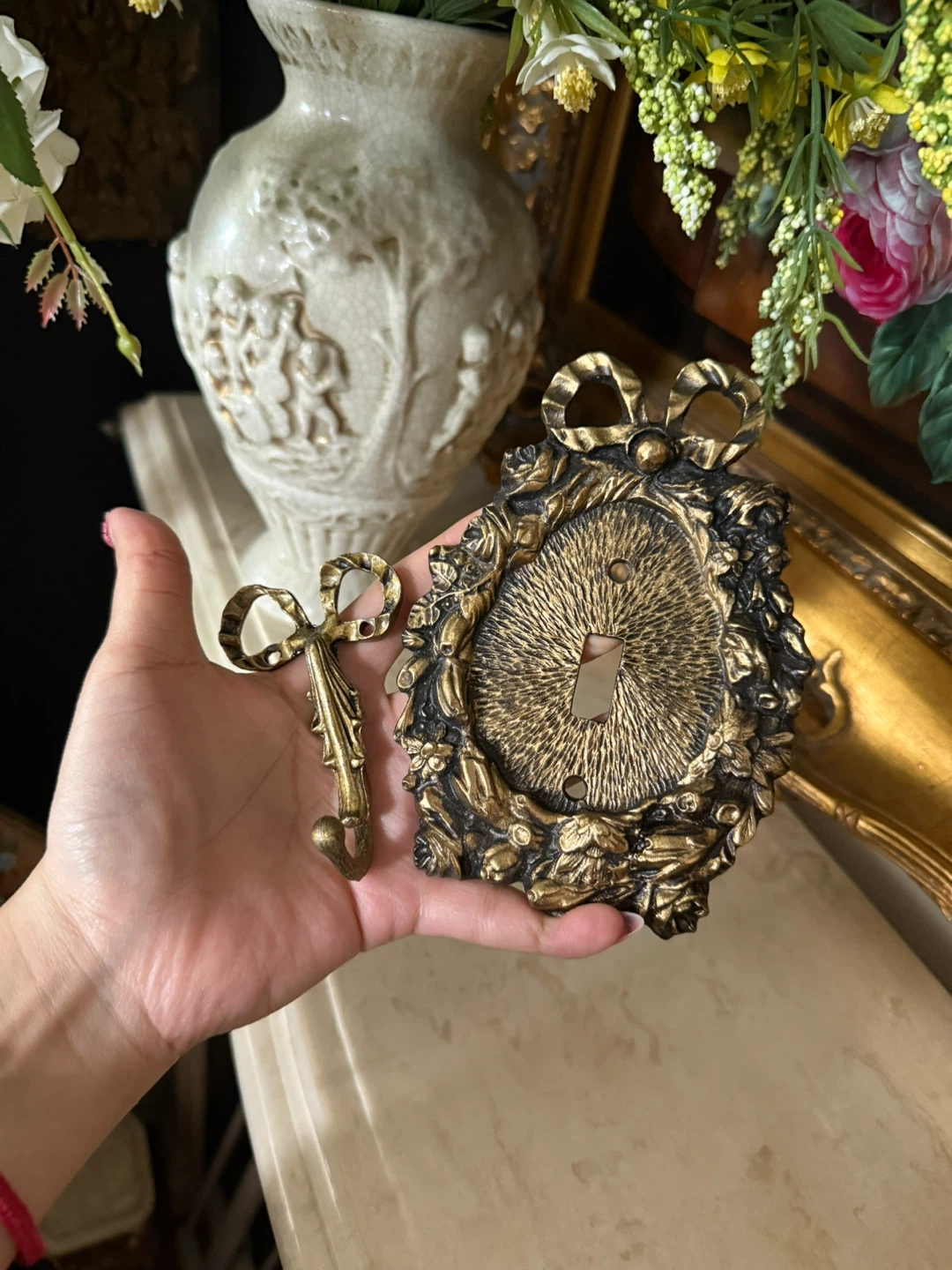 Ornate Light switch plate cover & bow hook