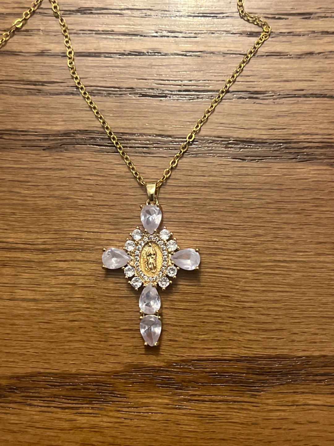 Gold-tone Cross Necklace with Clear and Pink Faux Gems - photo 2