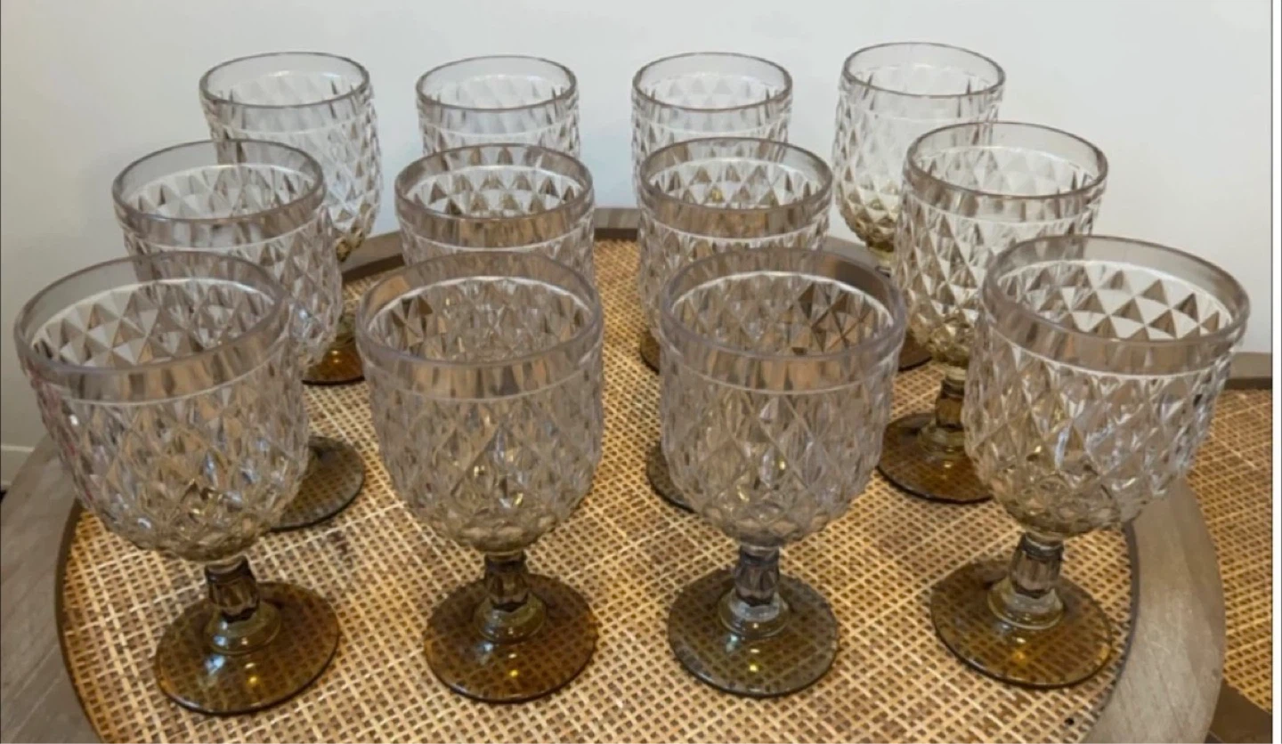 Set of 12 Vintage Diamond Cut Amber Wine / Water Glasses