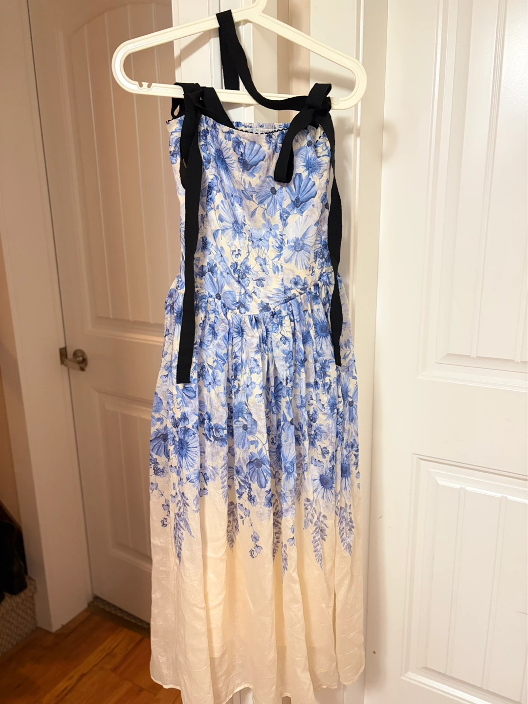Blue Floral Dress with Black Ties
