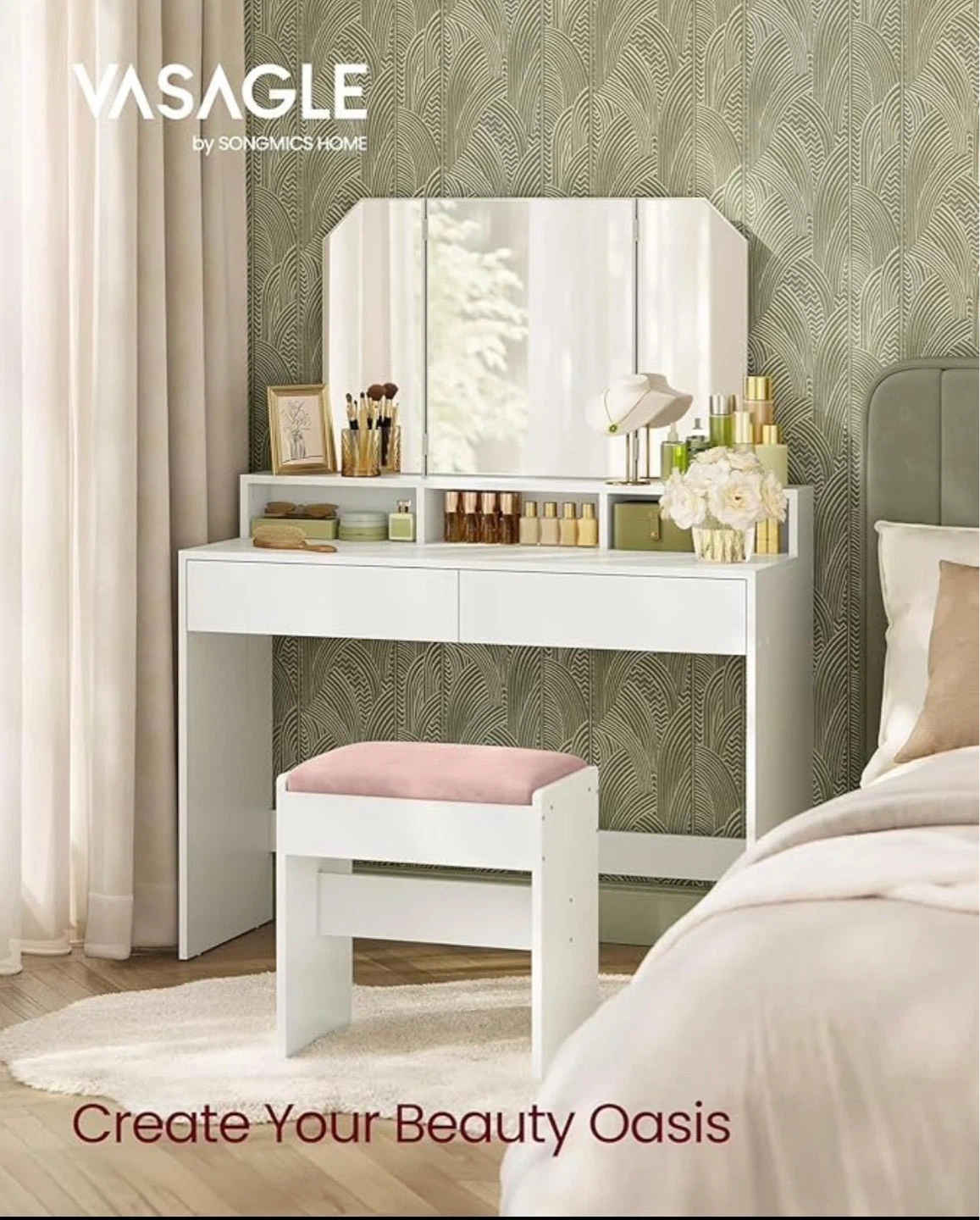 Brand new White Vanity Desk with Tri-fold Mirror and Drawers