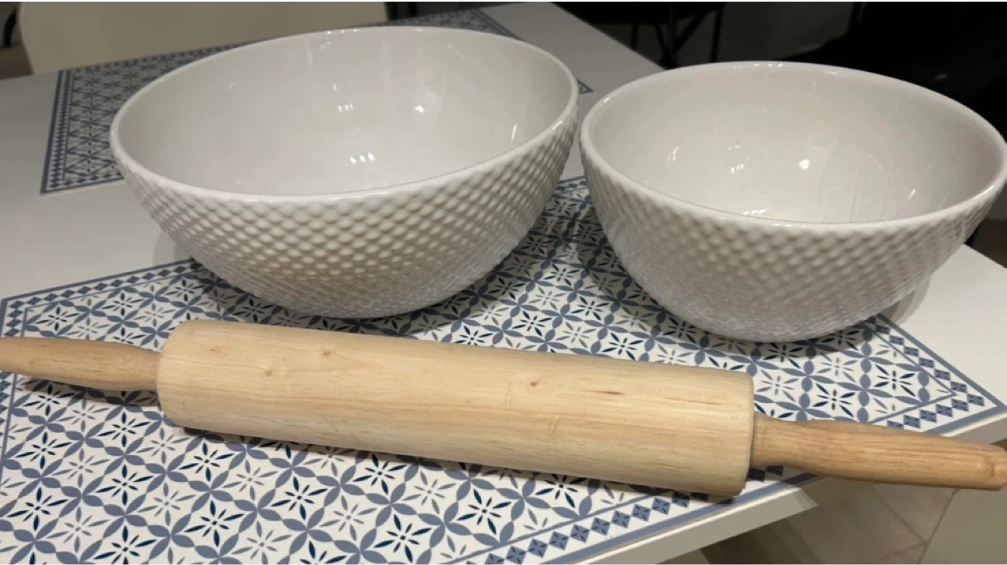 Set of 7 ps - White Ceramic Bowls and Rolling Pin
