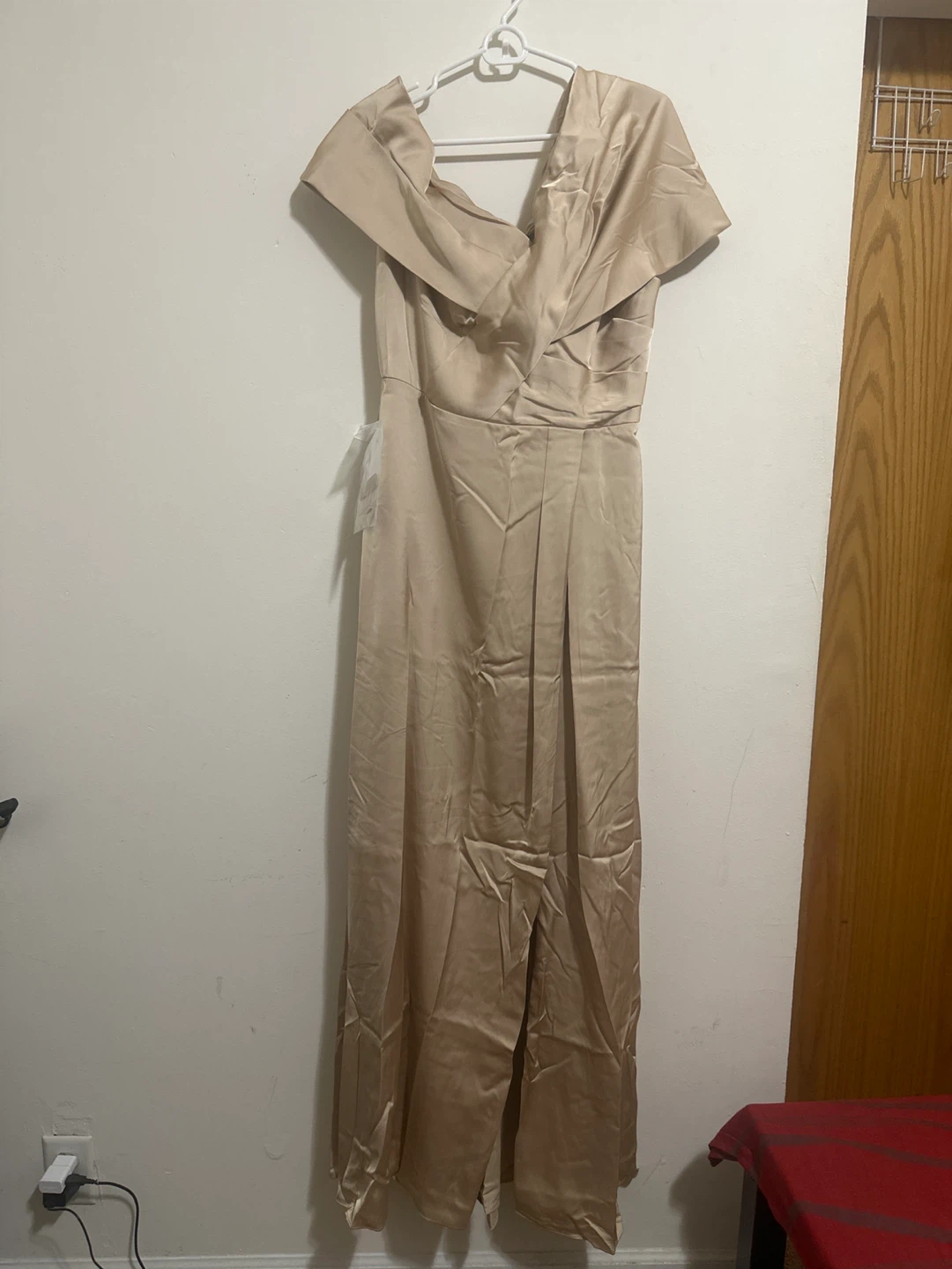 Azazie Milton Champagne Off-the-Shoulder Satin Dress Size 10