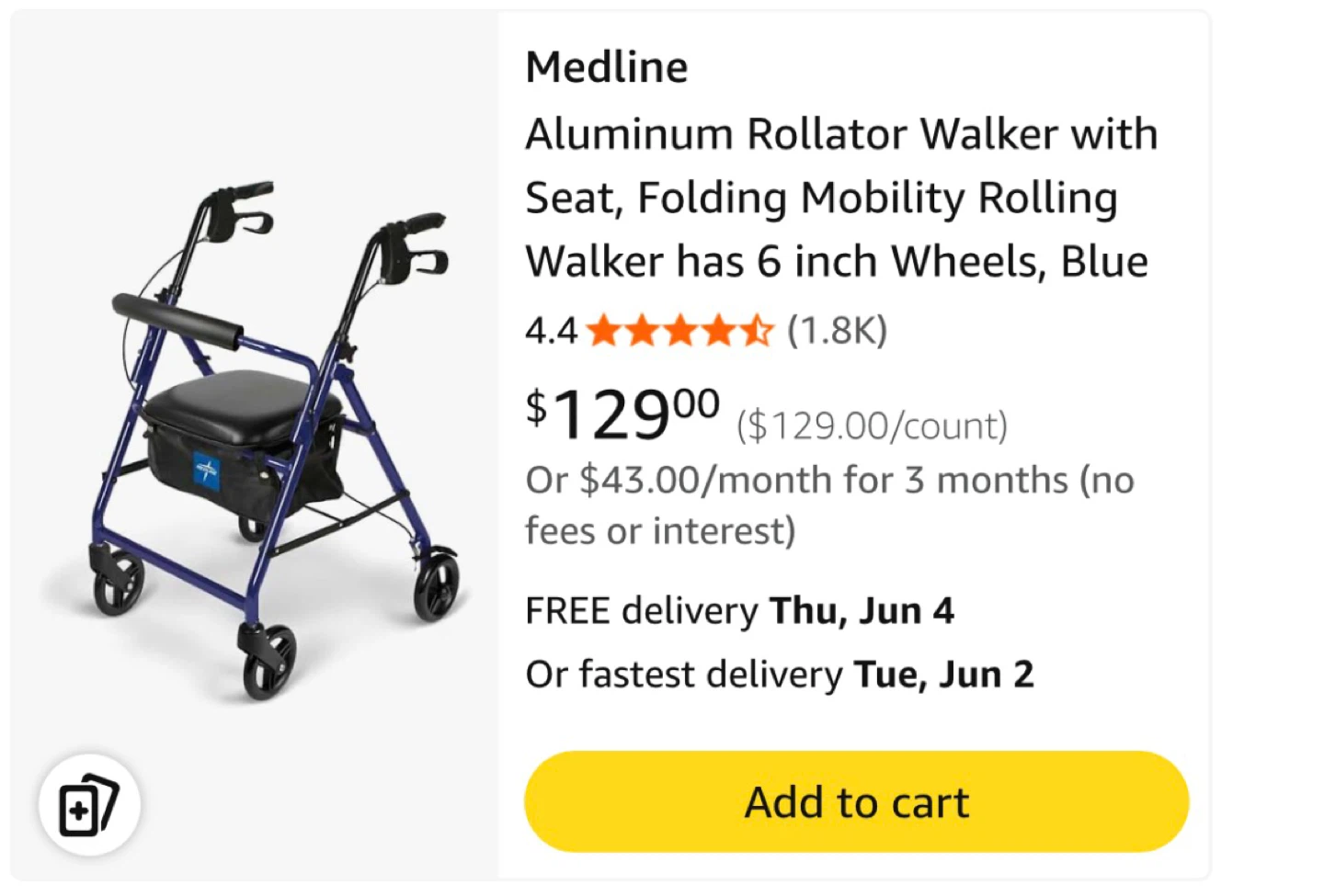 Medline Aluminum Rollator Walker with Seat - Blue - photo 4
