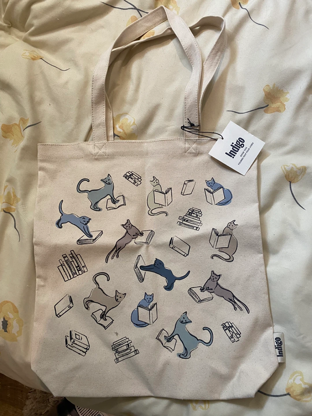 Indigo Canvas Tote Bag with Cats