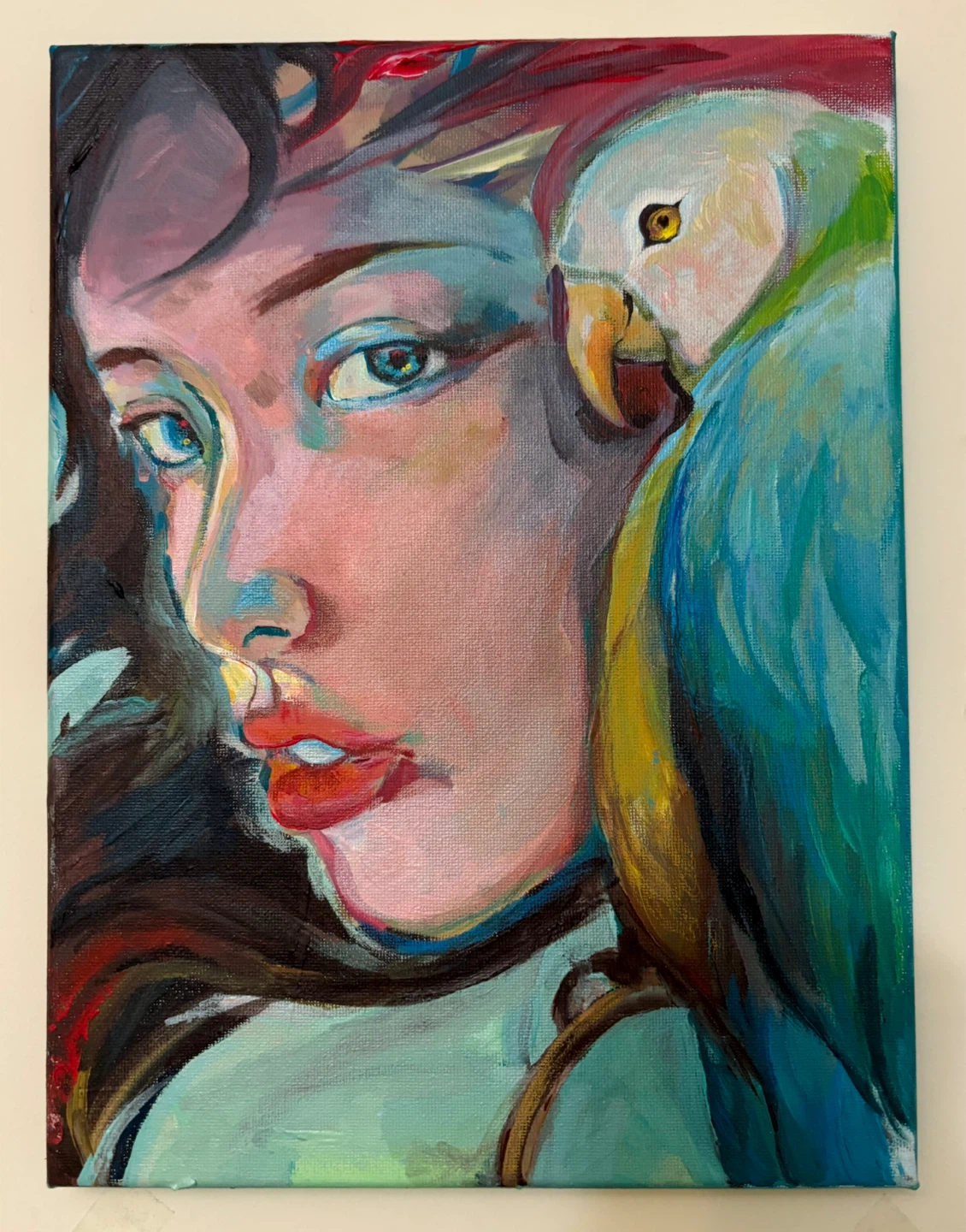 Original Painting of Woman and Parrot- Hand Painted