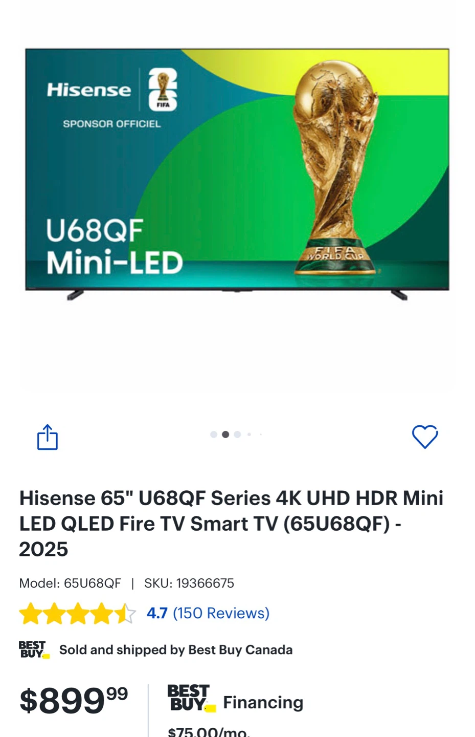 Hisense 65" U68QF Series 4K UHD HDR Mini LED QLED Fire TV