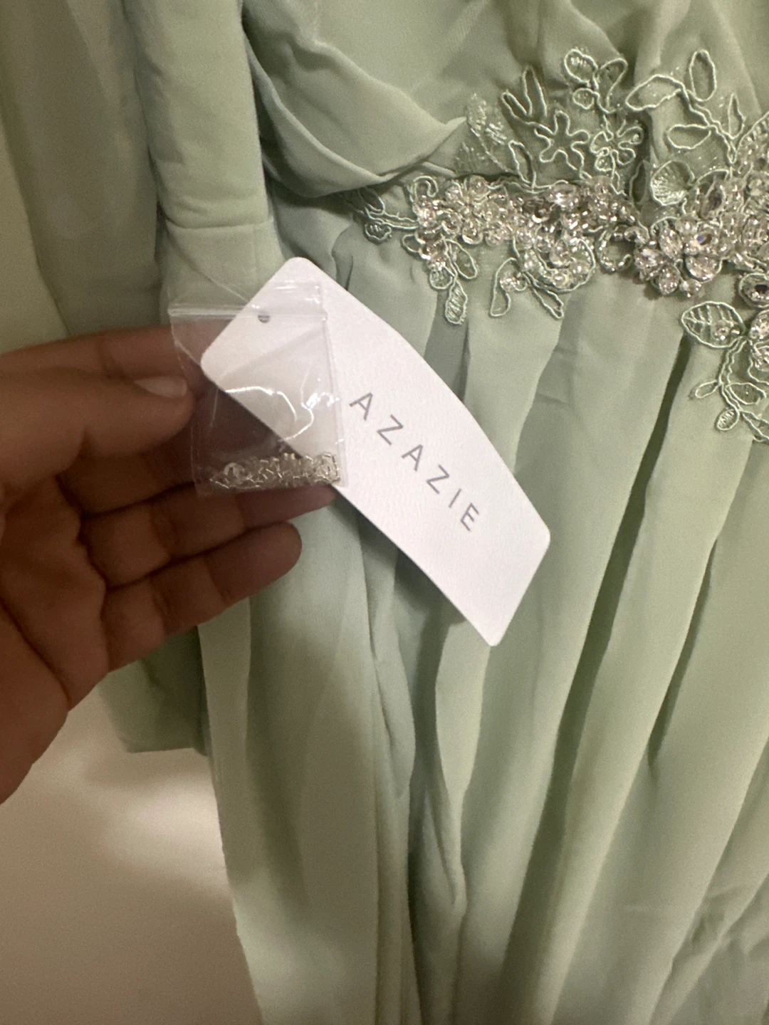 Azazie Sage Green Beaded Maxi Dress - photo 5