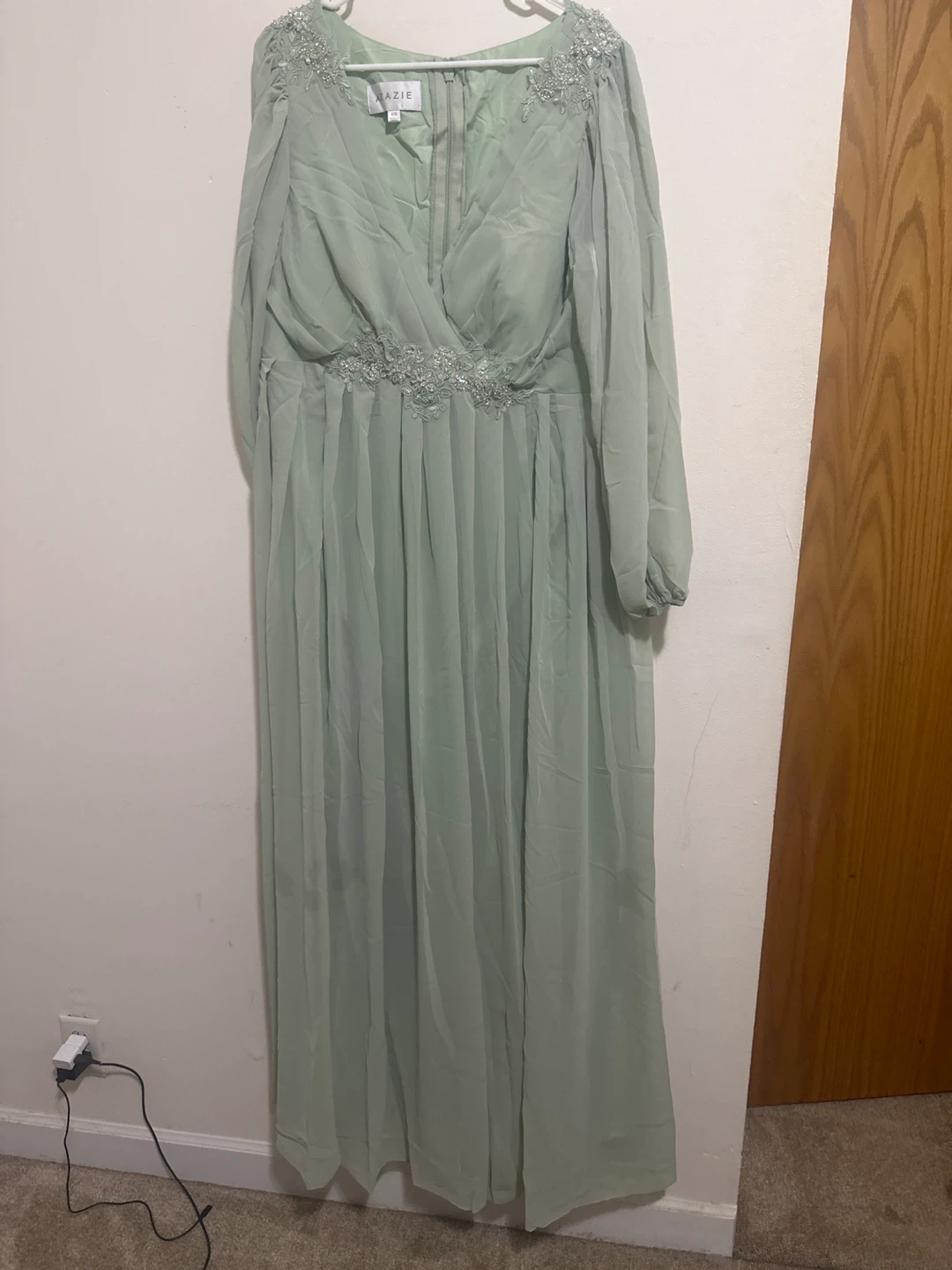 Azazie Sage Green Beaded Maxi Dress